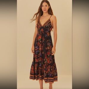 FARM Rio Floral Valentina Black Midi Dress Size XS